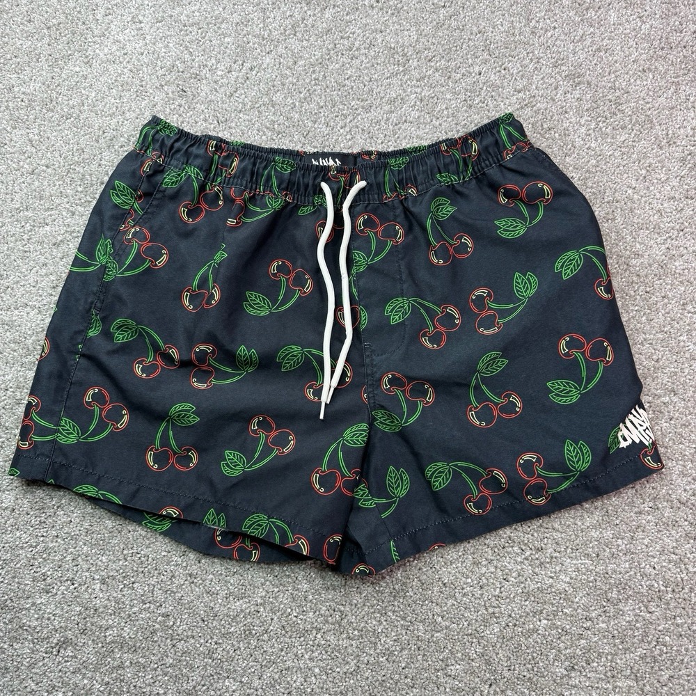 Empyre swim board shorts mens M Black Medium retro Cherry Cherries lined surf‎